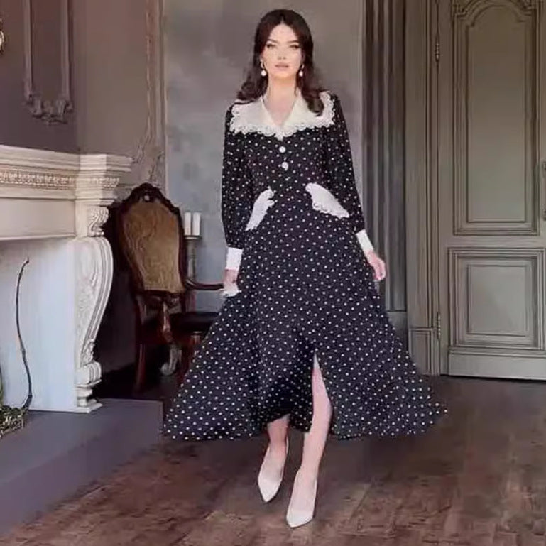 Robe à Col Claudine en Dentelle avec Imprimé à Pois