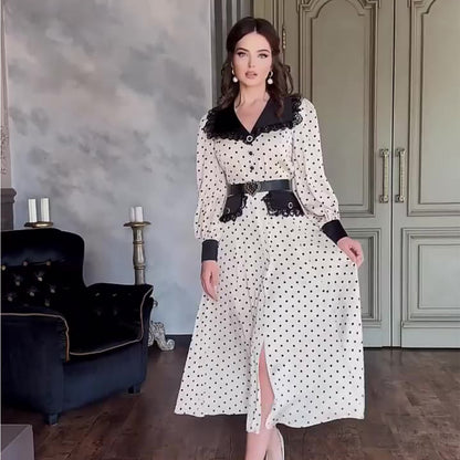 Robe à Col Claudine en Dentelle avec Imprimé à Pois