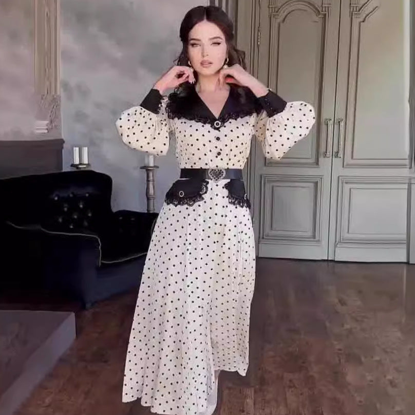 Robe à Col Claudine en Dentelle avec Imprimé à Pois