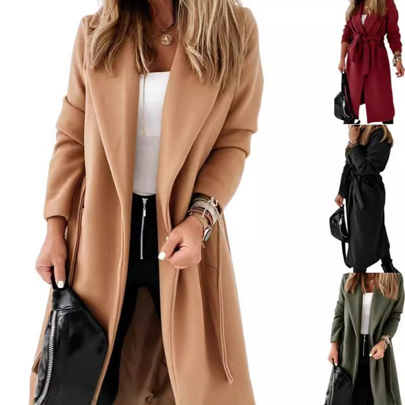 Manteau Long Élégant en Laine - Grandes Tailles avec Ceinture Ajustable