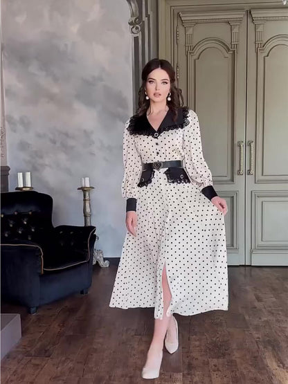 Robe à Col Claudine en Dentelle avec Imprimé à Pois